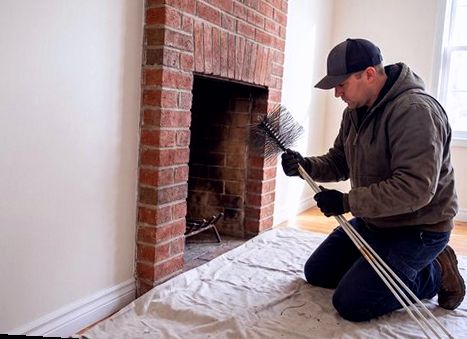 Technician on a drop cloth readying brushes at a brick fireplace