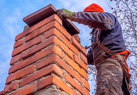Mason seating the top-out unit on a freshly lined brick flue