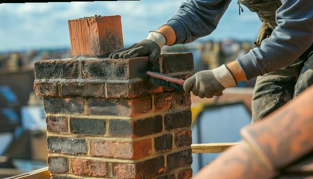 Sweep dressing the rebuilt upper courses of a stack, new brick staged on the crown